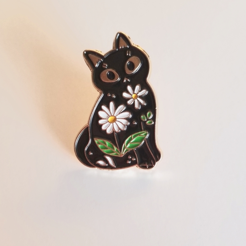 Black Cat & Flowers Enamel Pin